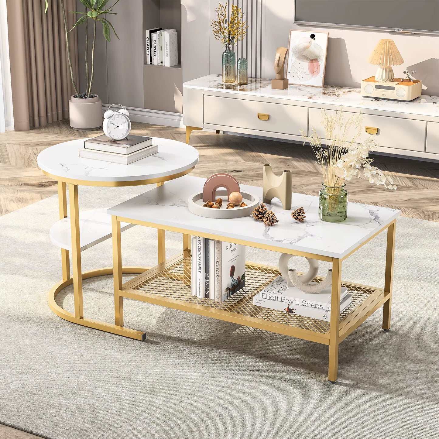 Modern Coffee Tables Set round Rectangular End Tables 80X46X41Cm 52X52X51Cm